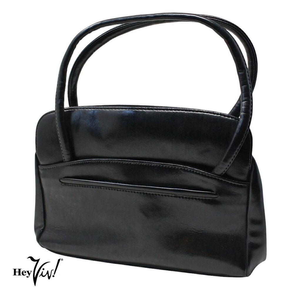 Vintage Large Black Handbag Purse Double Handle Flat Bottom 12x8.5" - Hey Viv